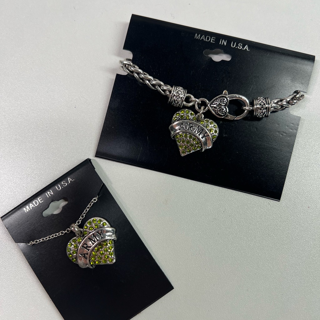 Heart Rhinestone Army Charm Necklace And Bracelet 32$